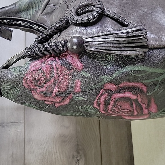 Lockheart Gray Leather Rose Shoulder Bag Hobo Handbag Tore Satchel - Picture 3 of 16